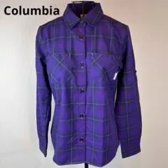 ★Columbia★M★紫チェック柄シャツ★左胸ロゴ有★両胸ポケット有★素敵★