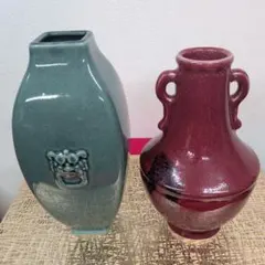 小原流 花器 【美品 】 赤釉（辰砂）耳付き・皹寧窯礎瓶のサムネイル