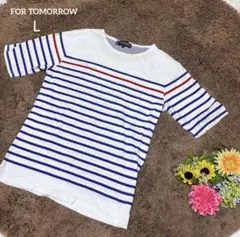 3463【L】ストライプ 半袖Tシャツ　ラウンドネック　コットン　洗える