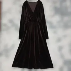 ダークブラウン ベロア Vネック ロングワンピース　パーティー　M 相当