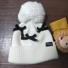 POLO ベビー用 ニット帽 ホワイト ポンポン付き