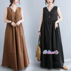 ジャンパースカート Vネック 夏物新作 ノースリーブ マキシ丈 シンプル 着痩せ