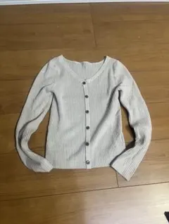 ベージュ リブ編み 長袖カーディガン M