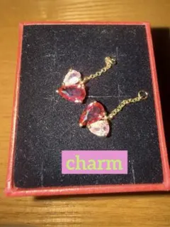 ハート型クリスタルピアス 赤ピンク