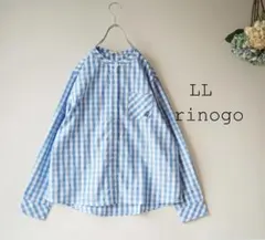 新品値引　春ＬＬベージュ白ギンガムチェック長袖バンドカラーブラウス　大きいサイズ