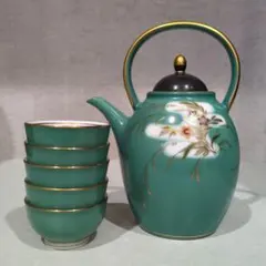 ノリタケ　金彩酒器揃　手付き銚子猪口5客　深い緑　未使用品　箱なし