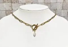 サージカルステンレス マンテル ネックレス ゴールド 淡水パール