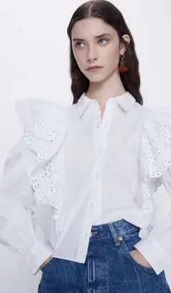新品☆ZARA ザラ 刺繍入りブラウス トップス S White