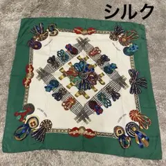 ヴィンテージ　大判スカーフ　シルク　グリーン　タッセル柄　ロゼット柄