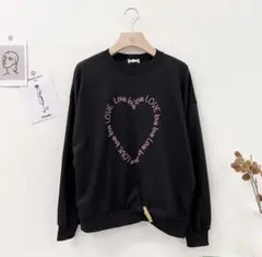 韓国 ハートレタリング トレーナー ブラック スウェット