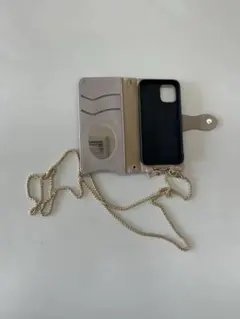 iPhone12miniベージュ 合成皮革 スマホケース ショルダーストラップ