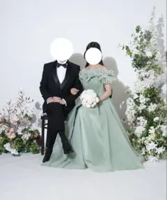 ウェディング　ミントグリーン オフショルダー 韓国ドレス　前撮り