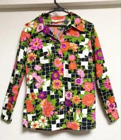 花柄チェック 長袖シャツ レディースL カラフル 昭和レトロ 総柄 サイケ