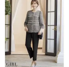 flolia ノーカラーツイードジャケット・ブラウス・セミワイドパンツ３点セット