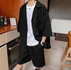 韓国 開き襟　テーラード　Vネック　ドローストリング　シャツ　短パン　上下セット