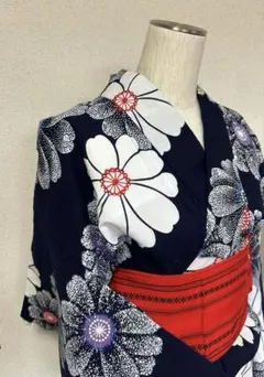 浴衣 紺 花柄 本染 綿 着物 リメイク 昭和レトロ 大きい花 注染