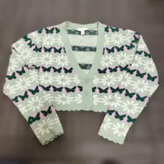 H&M 蝶々 花柄 ニットカーディガン グリーン M クロップド丈のサムネイル