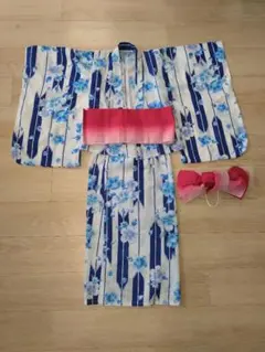 スカート浴衣セット 青花柄ストライプ 140cm