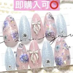 ネイルチップ現品オーダー量産型フレンチガーリー紫陽花マグネットピンク水色青ブルー