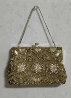 ビーズ パーティー バッグ クラッチ がま口 ゴールド系
