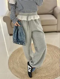 レースレイヤードスウェットパンツ グレー ジョガーパンツ フリル ジャージ 韓国