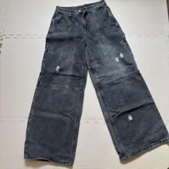 ダークグレー ワイドレッグ デニムパンツ