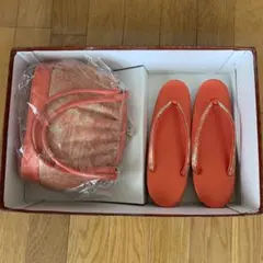 昭和レトロ　オレンジ 花柄 和装用　バッグと下駄のセット