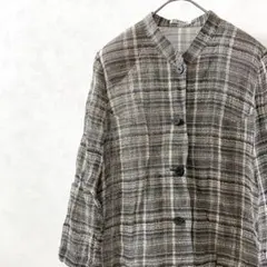 VINVERT シャツ ブラウス バンドカラー チェック柄 麻混 シースルーのサムネイル