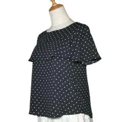 GU ジーユー　胸元フリル　カットソー　【S】　ネイビー　シャツ　白ドット柄