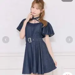 apres jour リボンネックデニムミニワンピース　インディゴブルーのサムネイル