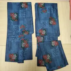 羽織と着物セット青地に花模様 ウール アンサンブル