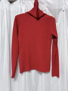 リブ編み ハイネック 長袖セーター レッド