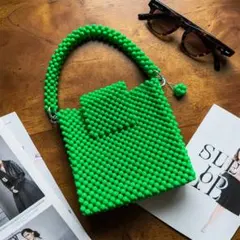 ハンドメイド ビーズバッグ ハンドバッグ 緑 みどり グリーン
