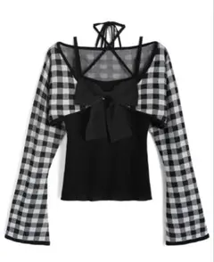 チェック柄ボレロ×ホルターネックリボンキャミソールニットアンサンブル