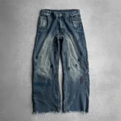 00s Curved Panel Wave Wide Denim PNT Y2Kのサムネイル