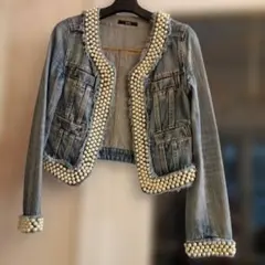 パール装飾付きデニムジャケット セール