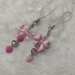 ビーズキーホルダー ピンク 濃いピンク リボン ハート ストラップ