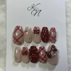オーダーネイルチップ｜レッド　ワイン　チェック　バレンタイン　キルティング　韓国