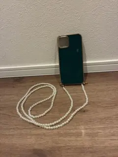グリーン スマホケース パールストラップ　iPhone12 Pro