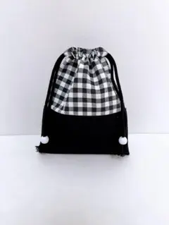 巾着袋♡コップ袋♡チェック✖️ブラック♡ハンドメイド