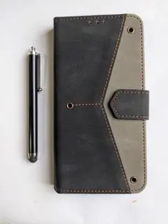 グーグルピクセル10a手帳型スマホケース ブラック×グレー タッチペン付き