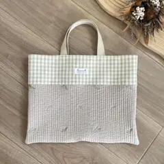 ハンドメイド ✦ฺ レッスンバッグ 手提げバッグ ♡ヌビ ベージュギンガムチェック