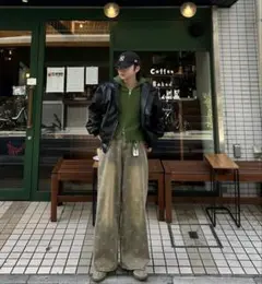 グリーン フード付き ニット パーカー