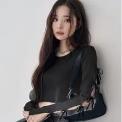 GRL 袖レースアップ リブニット ブラック