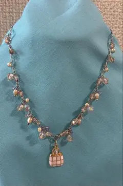 ハンドメイド パールクリスタルネックレス バッグチャーム付き