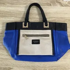 FURLA ハンドバッグ 青 黒 レザー　美品　フルラ