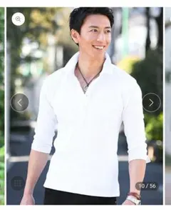 ホワイトポロシャツ 七分袖 裏ドット柄　M