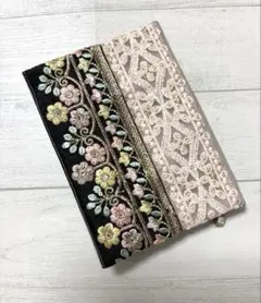 ペンケース　ポーチ　インド刺繍リボン　ブラック　メルヘン　合皮　No.147 ペンケース ポーチ インド刺繍リボン ブラック メルヘン 合皮 No.147