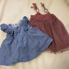 Petit main 刺繍　フリルワンピース2点セット