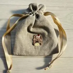 ハンドメイド 巾着袋 くま刺繍入り ナチュラルのサムネイル